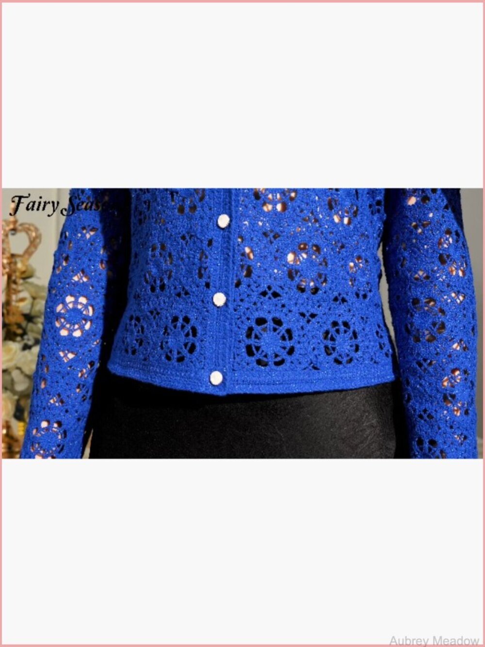 Vintage Crochet Cardigan with Golden Thread, Cropped Openwork Knit Sweater for - Picture 7 of 7